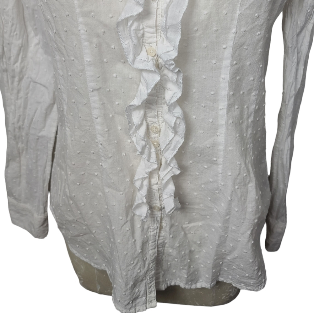 BCBGMAXAZRIA White Swiss Dot Ruffle Long Sleeve Button Down Blouse L - Picture 3 of 8